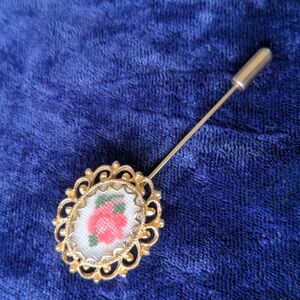 Vintage 14K gold plated handmade pin, needlepoint rose flower